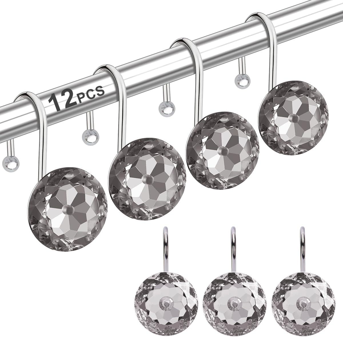12PCS Shower Curtain Hooks Rings for Bathroom, Stainless Steel Rust Resistant Decorative Rhinestones Shower Curtain Rings Hangers for Shower Curtains, Clothing, Towels, Etc. (Grey)