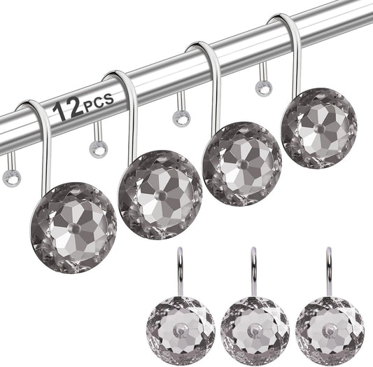 12PCS Shower Curtain Hooks Rings for Bathroom, Stainless Steel Rust Resistant Decorative Rhinestones Shower Curtain Rings Hangers for Shower Curtains, Clothing, Towels, Etc. (Grey)