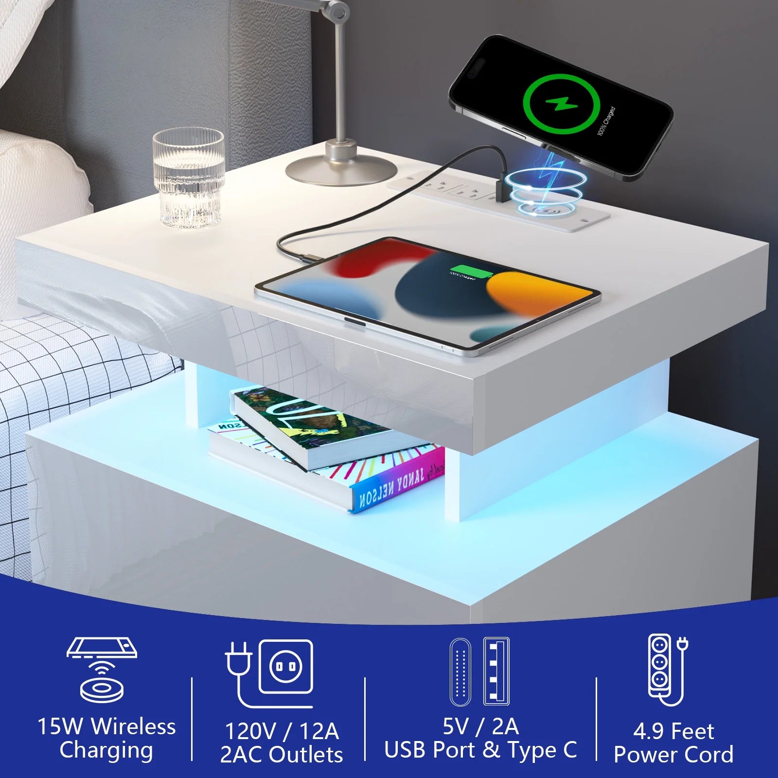 LED Nightstand with Wireless Charging Station Modern Nightstand Type C USB Port 2 Drawers Bedside Table White Smart Night Table High Gloss End Side Table for Bedroom Furniture 22.3" Tall