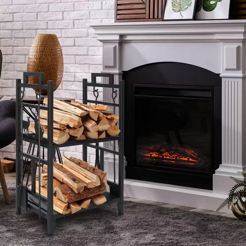 Log Storage Double Layer 30 In. Heavy-Duty Firewood Rack with Tools