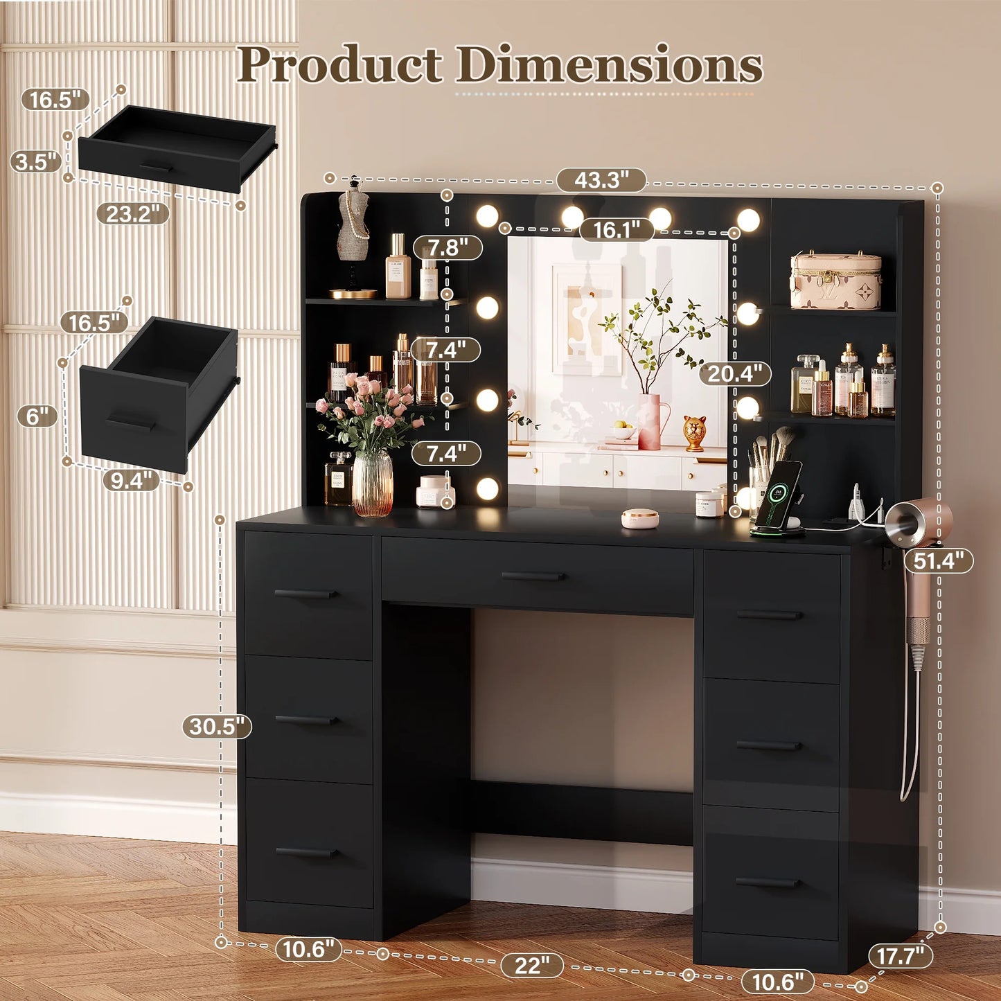 Makeup Vanity with Mirror and Drawers Vanity Desk Set with 3 Modes Adjustable Brightness Lights and USB Power Outlet, Black