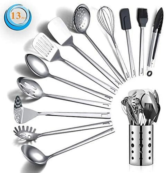 13 Pieces Shiny Stainless Steel Kitchen Utensils Set with Utensil Holder