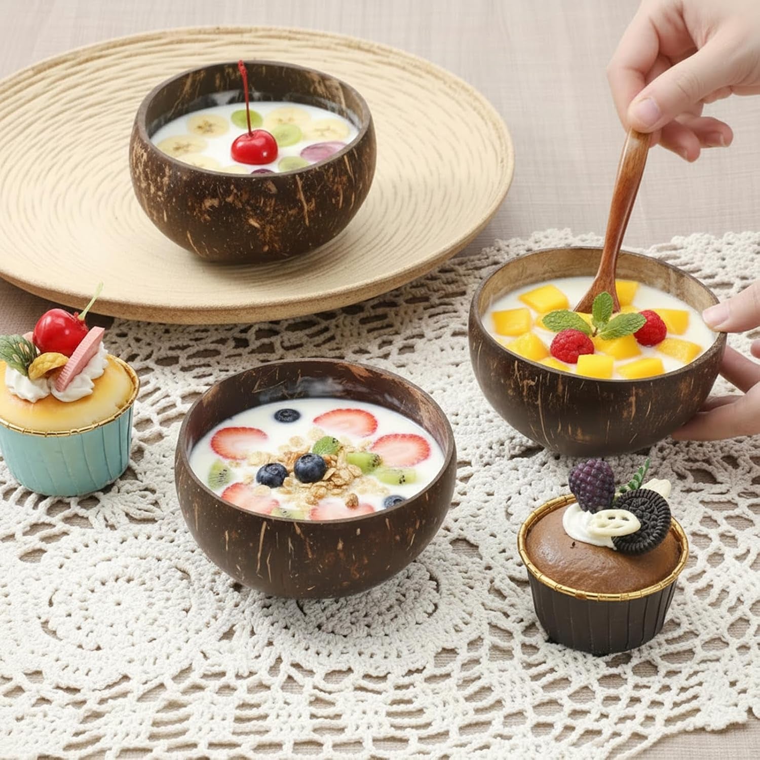 14 PCS Natural Coconut Shell Bowls, Polished Coconut Bowls, Polished Wooden Bowl for Acai Organic Salad Vegan Gifts Rustic Kitchen Decor, Diameter 3.7-4.5 Inch