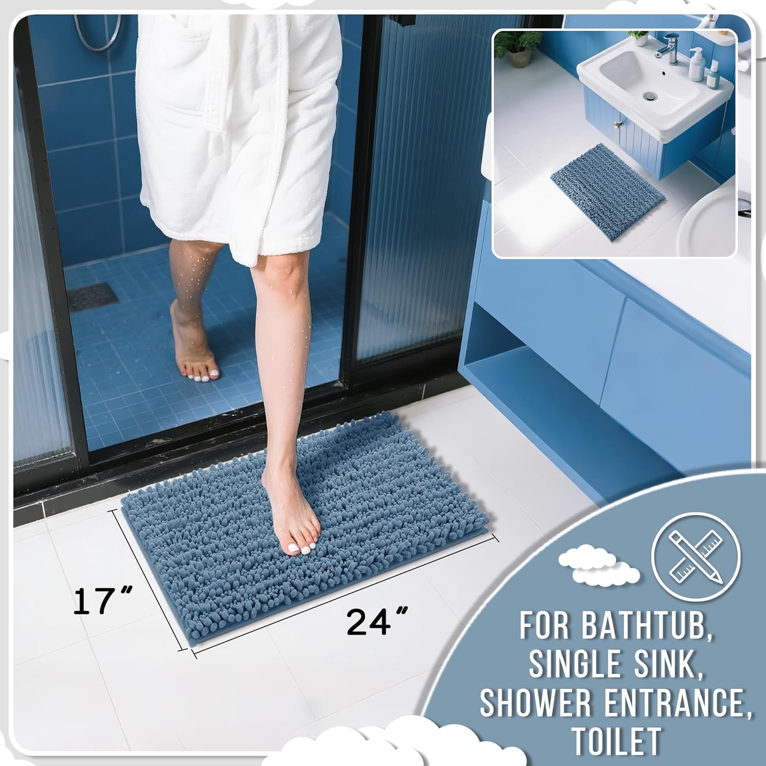 Bathroom Rugs Non Slip Washable 24X17 Inch - Ultra Soft Absorbent Chenille Bath Mat, Quick Dry Shaggy Floor Carpet for Tub Shower, Denim Blue Home Decor Accessories