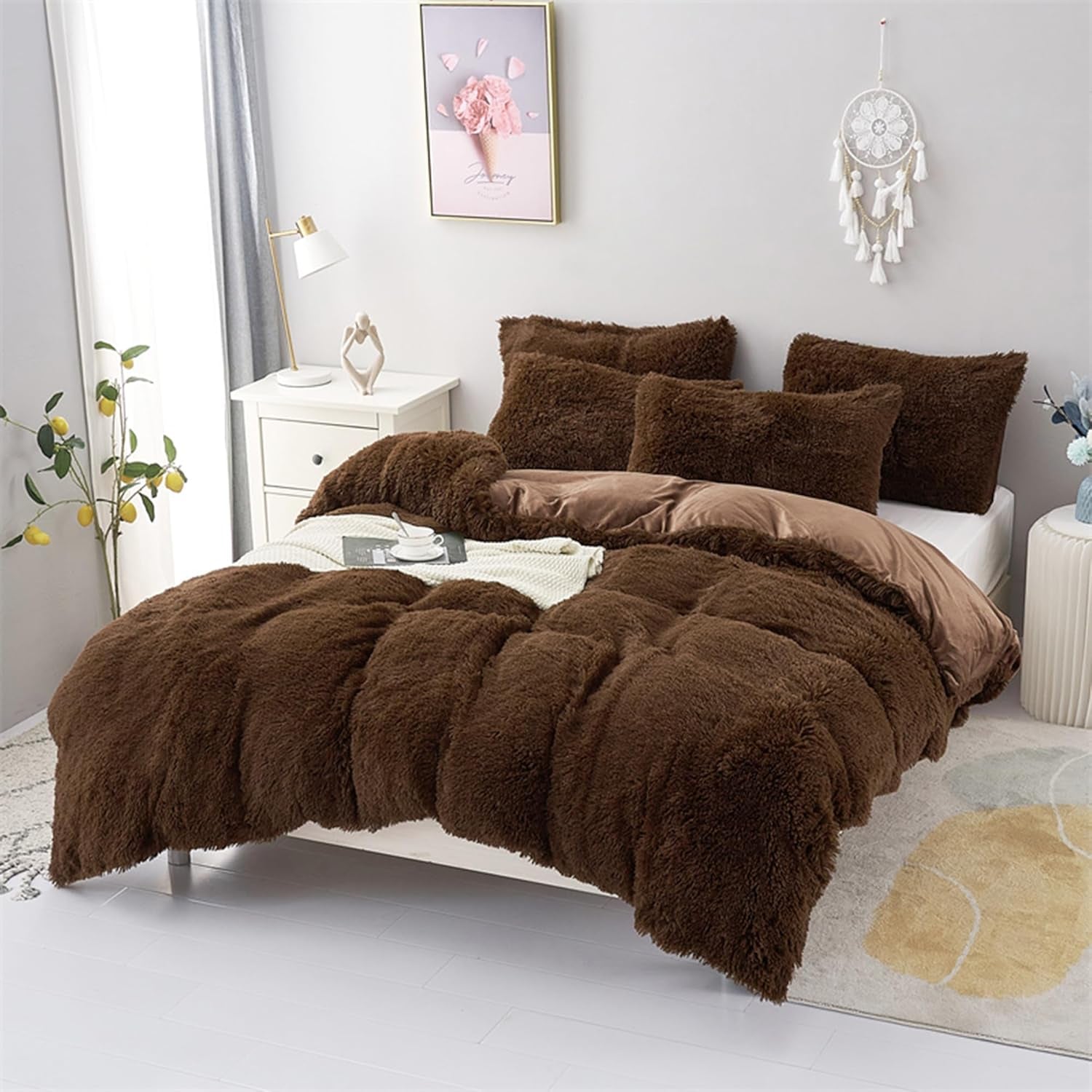 5 PCS Shaggy Duvet Cover Bedding Set - Fluffy Comforter Cover Long Faux Fur Luxury Ultra Soft Cozy (Brown, King/California King)