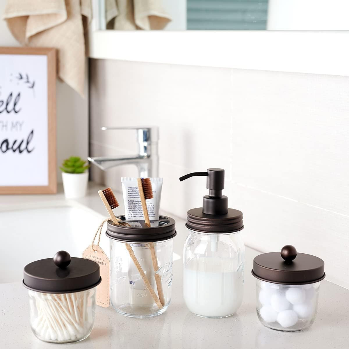 Mason Jar Bathroom Accessories Set(4 Pack) -Bronze-Lotion Soap Dispenser&Qtip Holder Set&Toothbrush Holder-Rustic Farmhouse Decor Apothecary Jar Bathroom Countertop,Vanity Organize (Bronze) | Lotion Soap Dispenser, 2 Qtip Holder Set, Toothbrush Holder, Rustic Farmhouse Bathroom Decor, Countertop Vanity Organizer