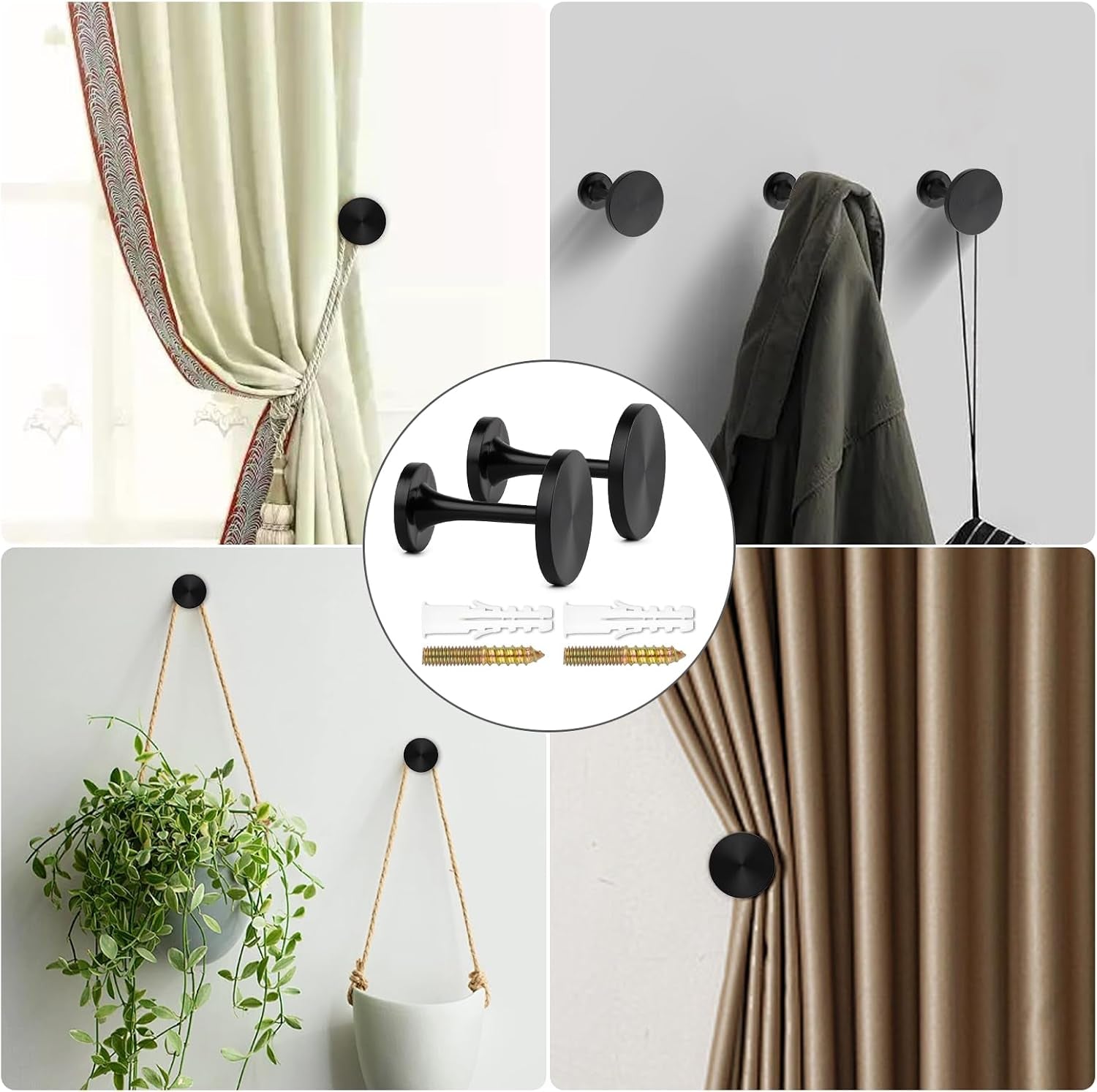​2 Pack Black Curtain Tiebacks,Wall Mounted Zinc Alloy Holdbacks with Screws, Decorative Metal Hooks,Curtain Holders for Drapes and Window Treatments in Home or Office