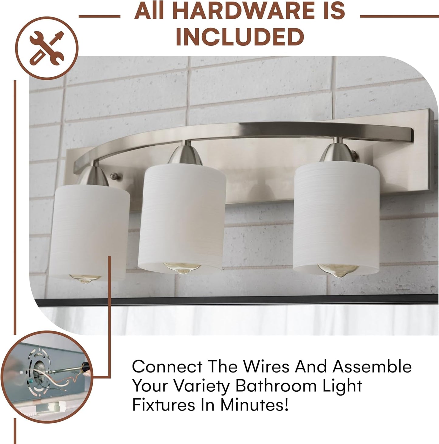 Vanity Light Fixture - Interior Bathroom Lighting Bar with Modern Milk Glass Shade - Bathroom Lights over Mirror Fixture for Powder Room - Brushed Nickel, 3 Lights, E26, Bulbs Not Included