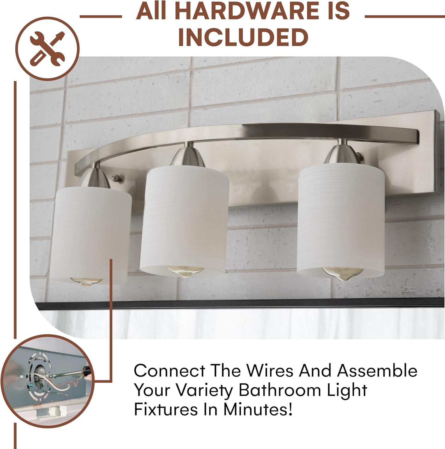 Vanity Light Fixture - Interior Bathroom Lighting Bar with Modern Milk Glass Shade - Bathroom Lights over Mirror Fixture for Powder Room - Brushed Nickel, 3 Lights, E26, Bulbs Not Included