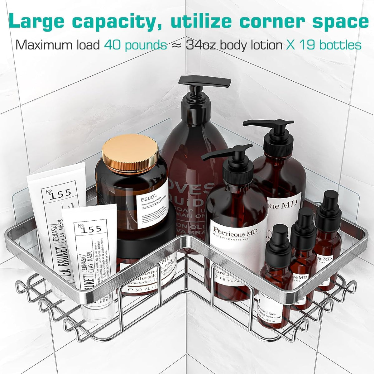 Corner Adhesive Shower Caddy, with Soap Holder and 12 Hooks, Rustproof Stainless Steel Bathroom Organizer, No Drilling Wall Mounted Rack, Brushed Silver, 3-Pack
