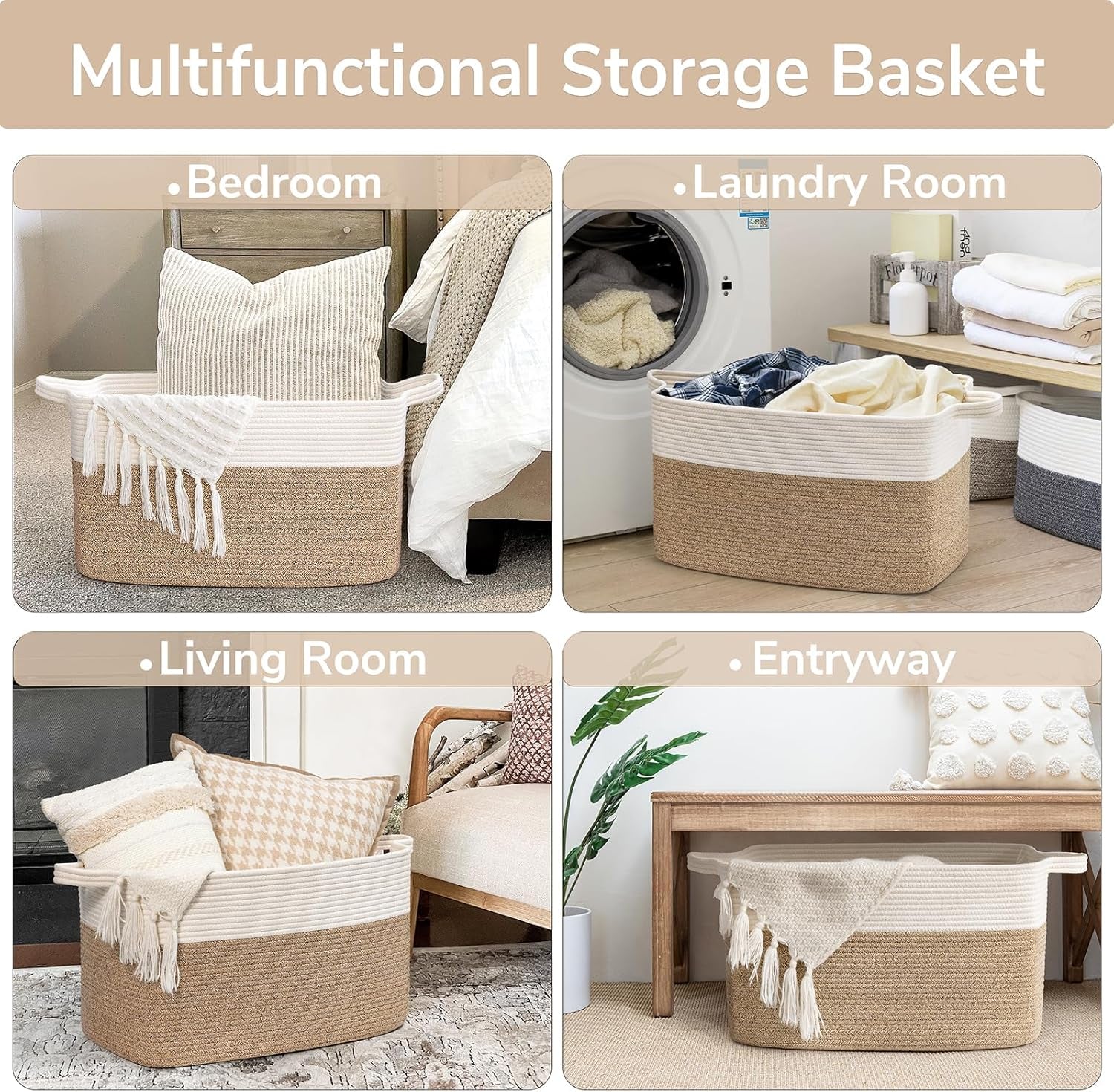 Large Woven Rope Blanket Basket, Rectangle, White & Light Brown | 21.6" × 14.9" × 11.8" Storage Basket for Pillows & Toys Laundry, Nursery & Living Room Organization, Reinforced Handles