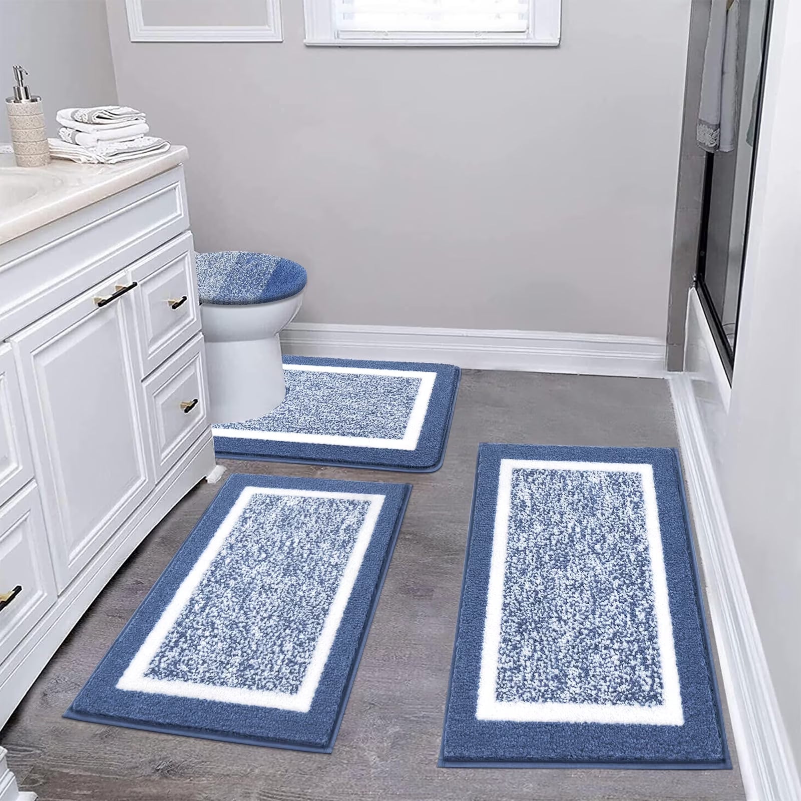 4Pcs Bathroom Rugs Set with U-Shaped Mat, Non Slip, Quick Drying, Ultra Soft and Water Absorbent Bath Rug Mat Carpet Machine Washable 18"X26"+20"X32"+U 20"X24"+19"X21" Blue