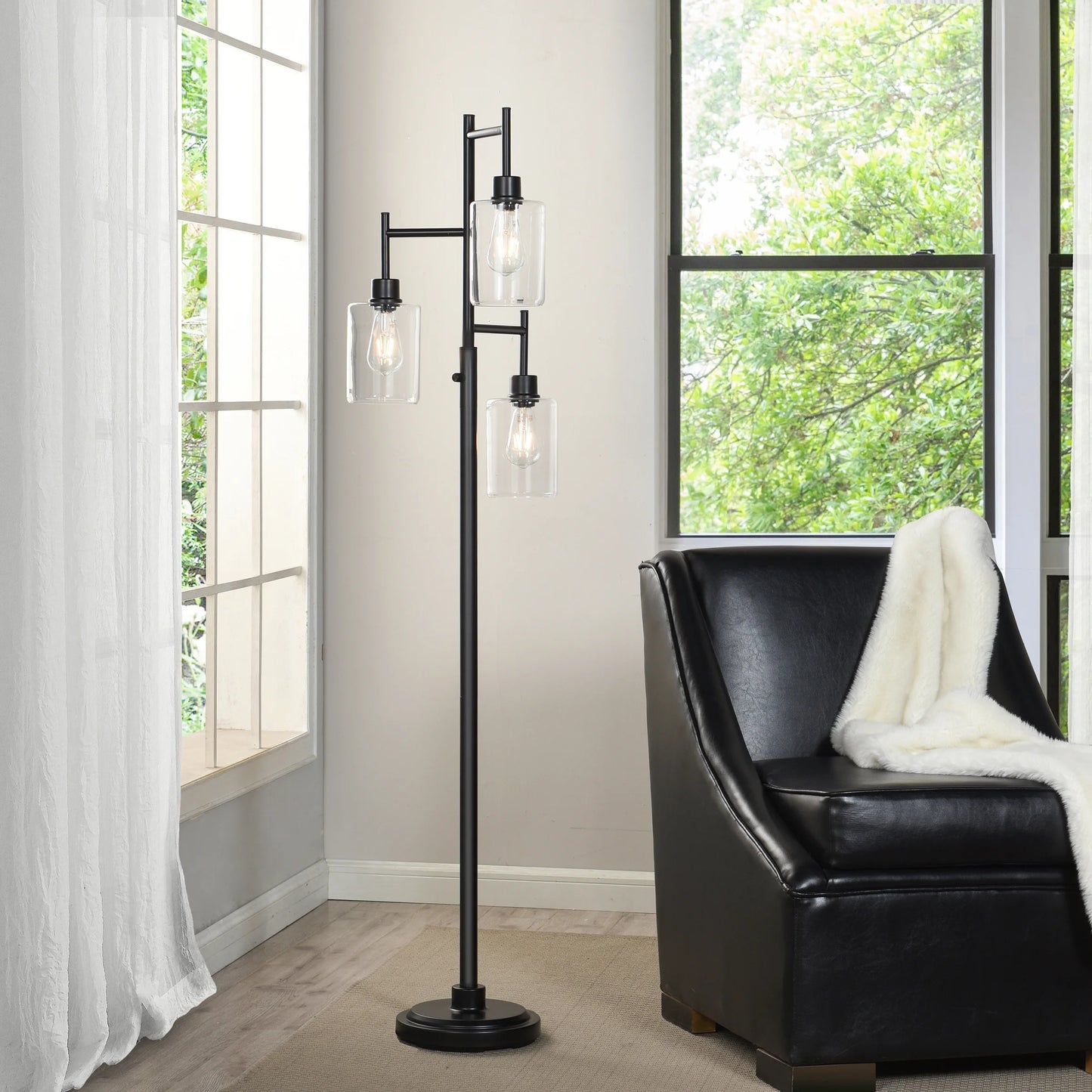 63.5 in 3 Light Contemporary Black Floor Lamp Clear Glass