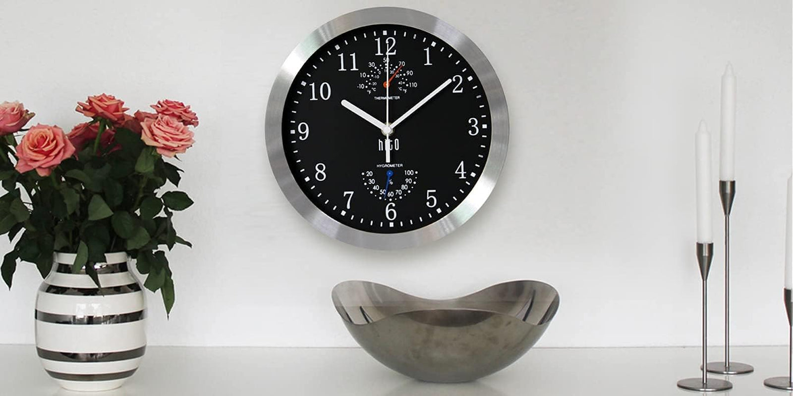 10 Inch Silent Wall Clock Battery Operated Non Ticking Glass Cover Silver Aluminum Frame, for Kitchen, Bedroom, Home Office, Living Room Decor (Black)