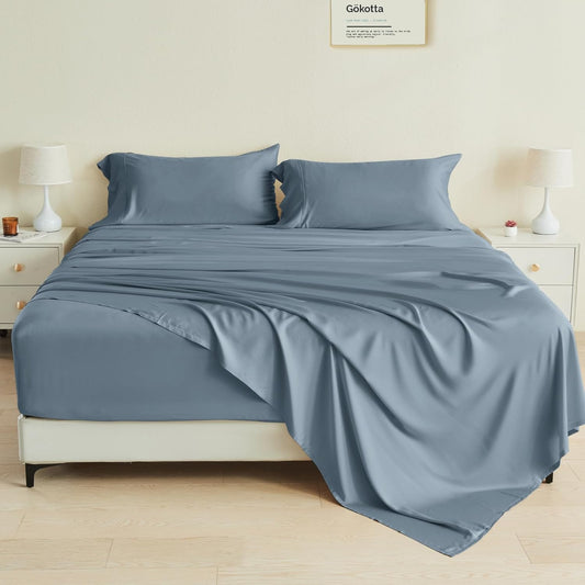King Size Bed Sheets 4 Piece Set, 100% Rayon Derived from Bamboo, Cooling for Hot Sleepers-Luxury Breathable Soft Sheets, Deep Pocket 16" Fitted Sheet with Elastic Corner Straps, Blue