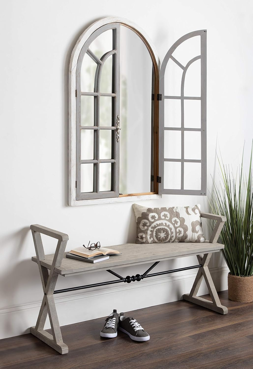 Boldmere Large Traditional Wood Windowpane Arch Mirror, 28X44, Gray and White