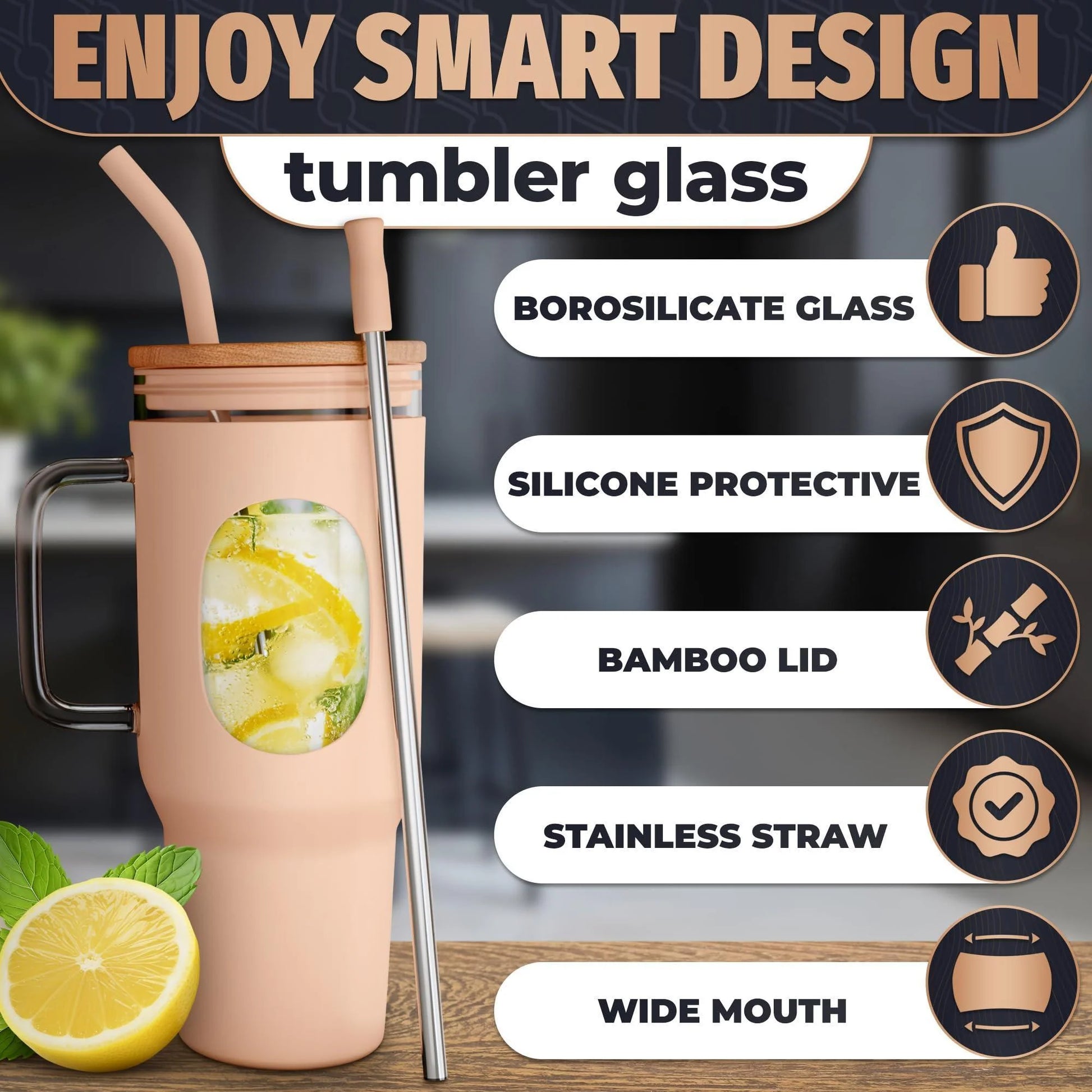46 Oz Glass Tumbler with Straw and Lid Peach Glass Water Bottle with Natural Bamboo Lid 2 Slim and Boba Straws Silicone Sleeve Dishwasher Safe Car Holder Friendly Ergonomic Grip Easy Visibility