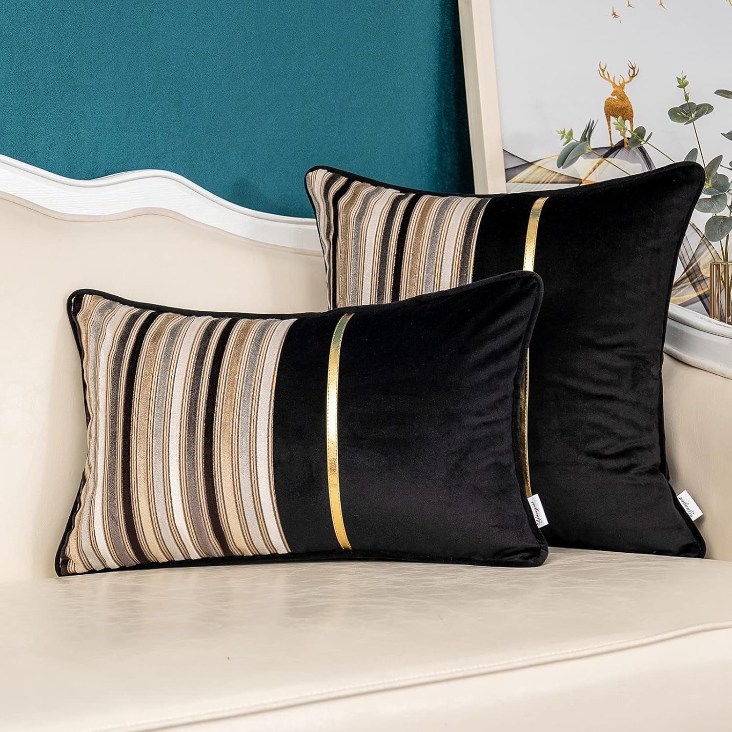 Black Striped Patchwork Throw Pillow Cover Gold Leather Cushion Cover Zippered Pillowcase for Sofa Couch Bedroom Living Room Home Decoration,18X18 Inch