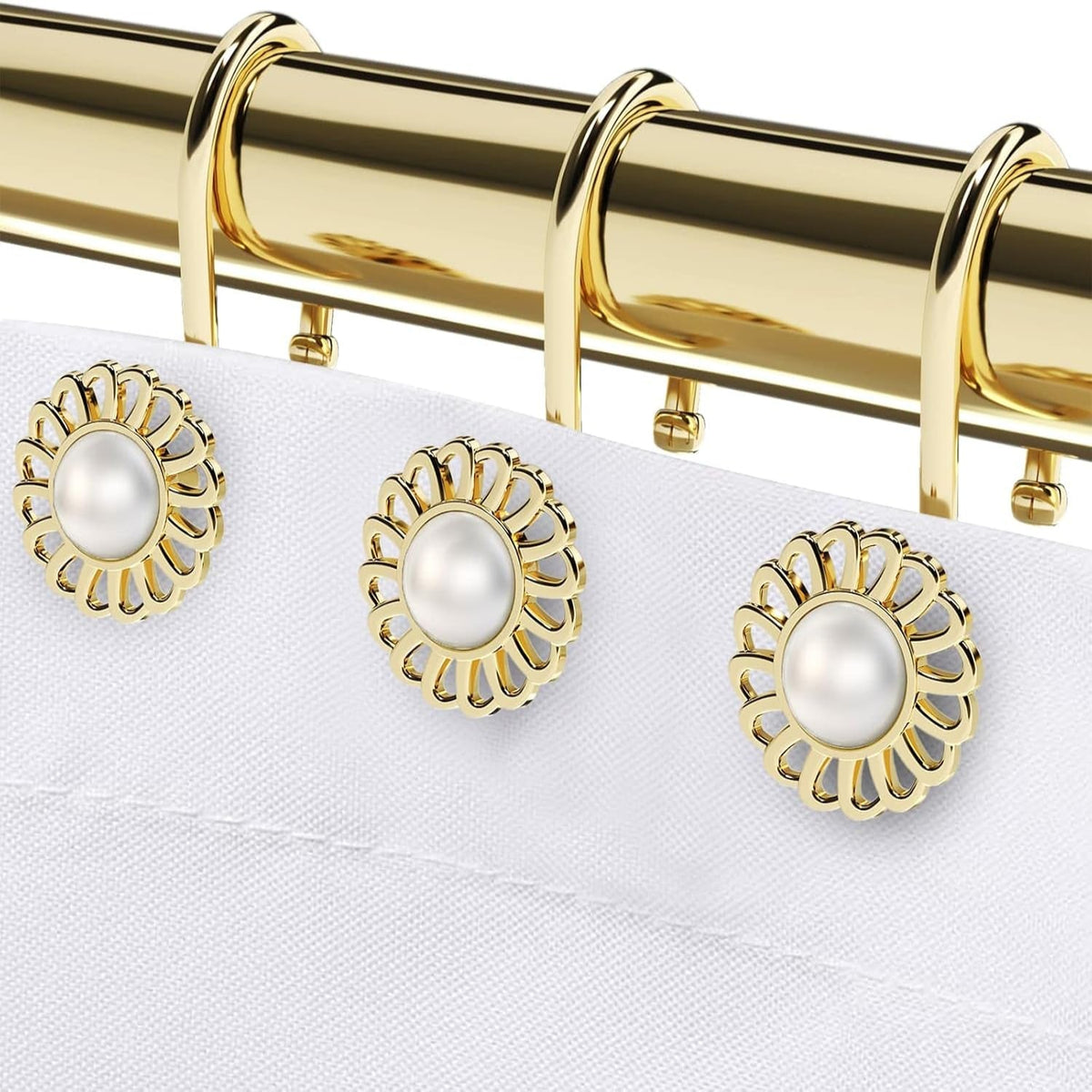 Gold Shower Curtain Hooks Rings, Decorative Shower Curtain Hangers, Heavy Duty Metal Shower Rings, Sunflower Shower Hooks for Shower Curtain Rod and Liner, Bathroom Curtain Hooks, Luxury Gold,