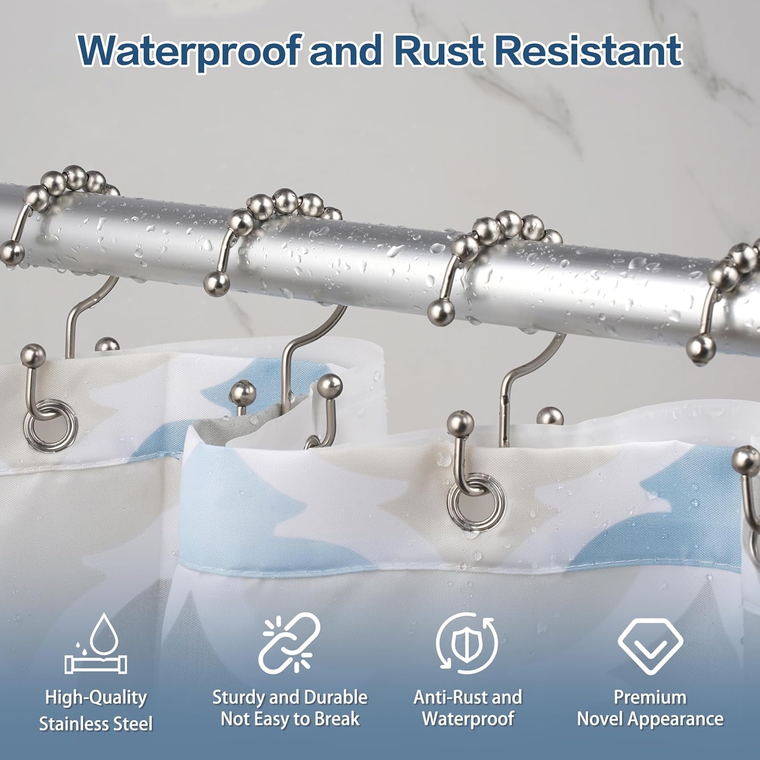 Shower Curtain Hooks, Rust Proof Metal Easy Glide Double Rings, Stainless Steel Hangers for Bathroom Curtains, Set of 12, Brushed Nickel