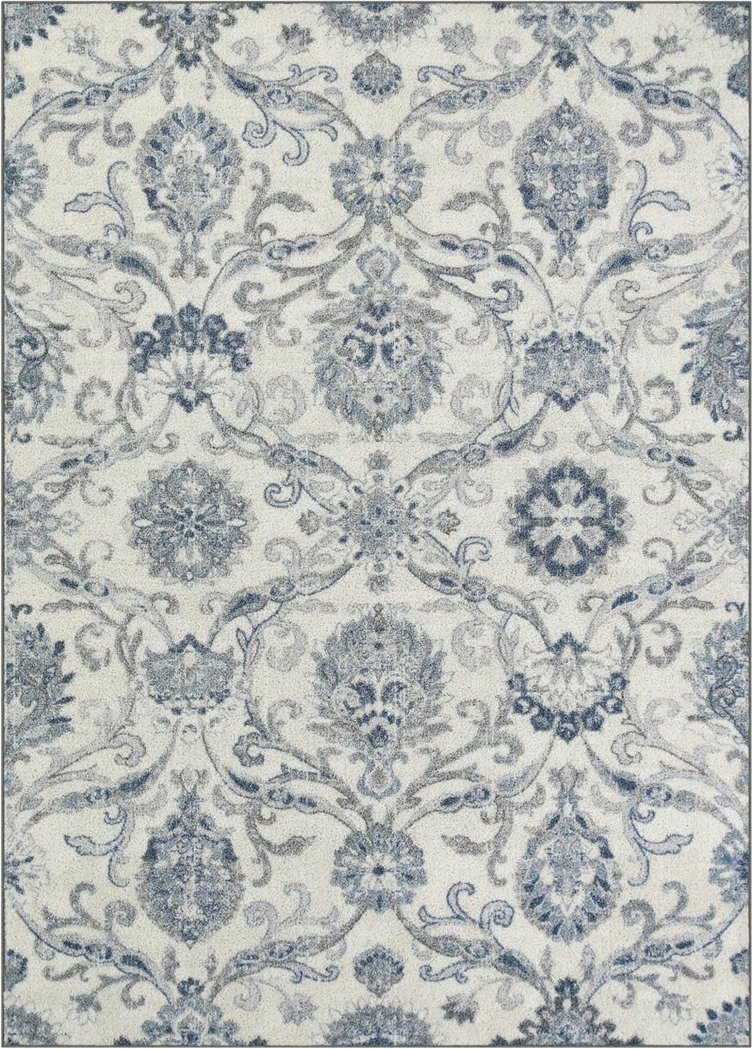 Blooming Damask Area Rugs Carpet for Living Room & Bedroom [Made in USA], 5 X 7, Grey/Blue