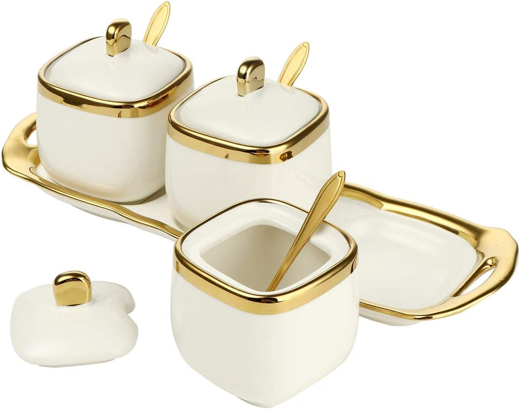 Spice Jars,Ceramic Spice Containers Kitchen Sugar Salt Condiment Jars Jars Set with Lids and Spoons (White)