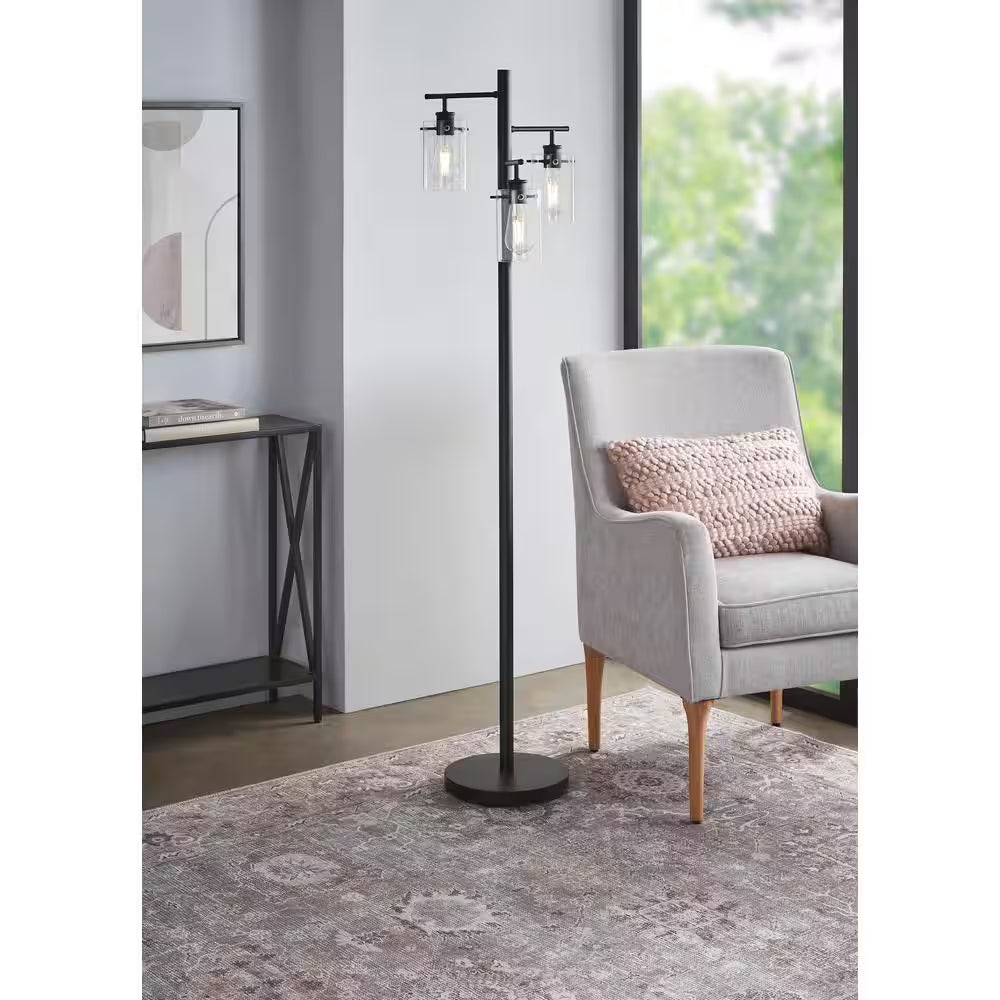 Regan 63 In. Matte Black Floor Lamp with Clear Glass Shades