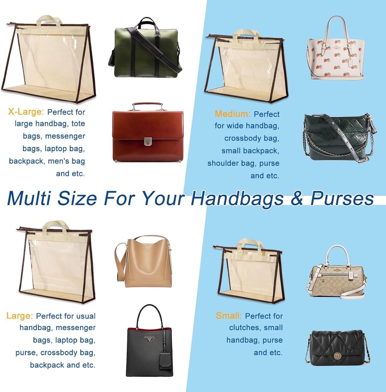 8 Pack Handbag Dust Bags Clear Purse Storage Organizer for Closet, Hanging Zipper Storage Bag for Handbags