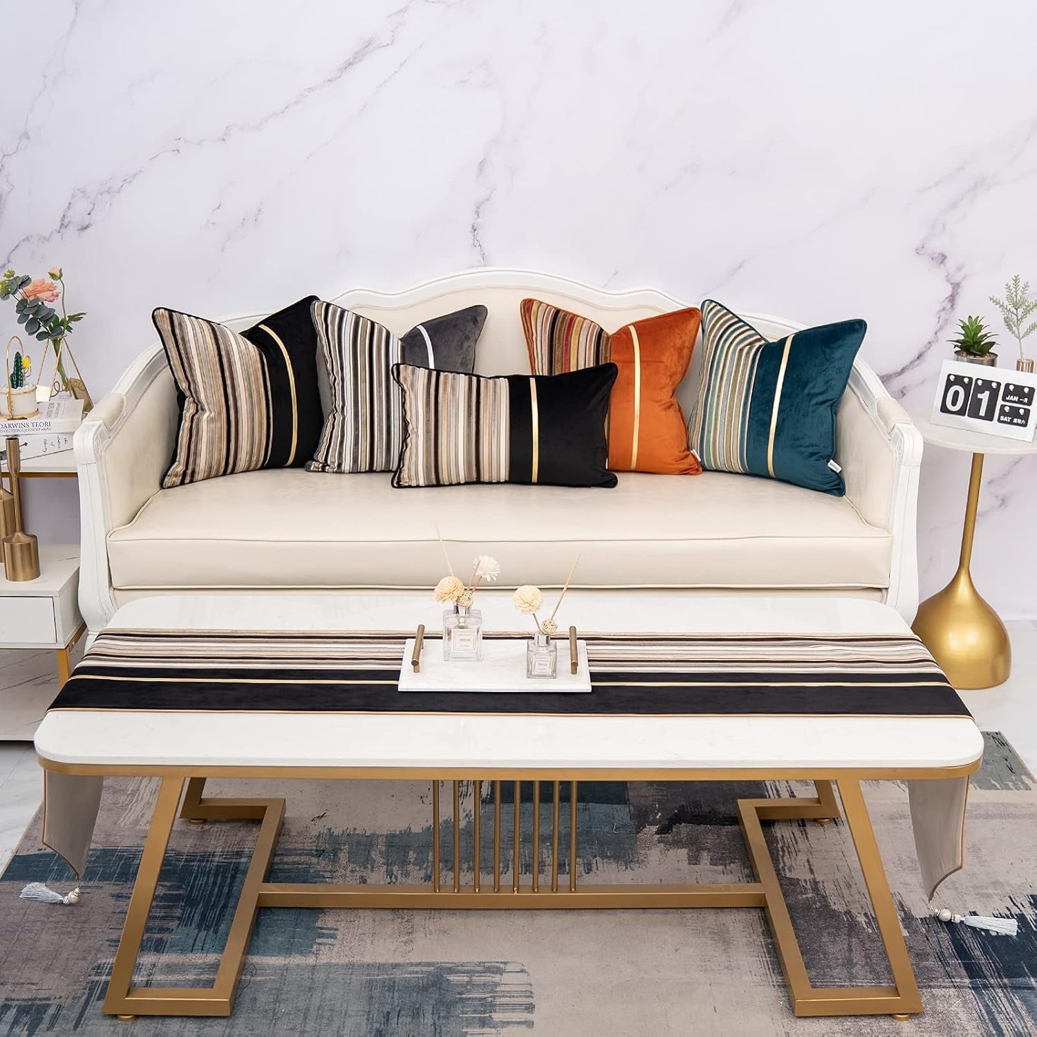 Black Striped Patchwork Throw Pillow Cover Gold Leather Cushion Cover Zippered Pillowcase for Sofa Couch Bedroom Living Room Home Decoration,18X18 Inch
