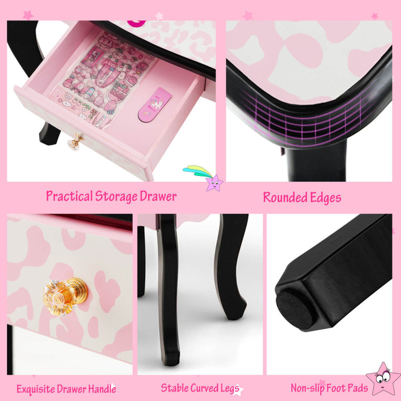 Kid Vanity Set with Tri-Folding Mirror and Leopard Print