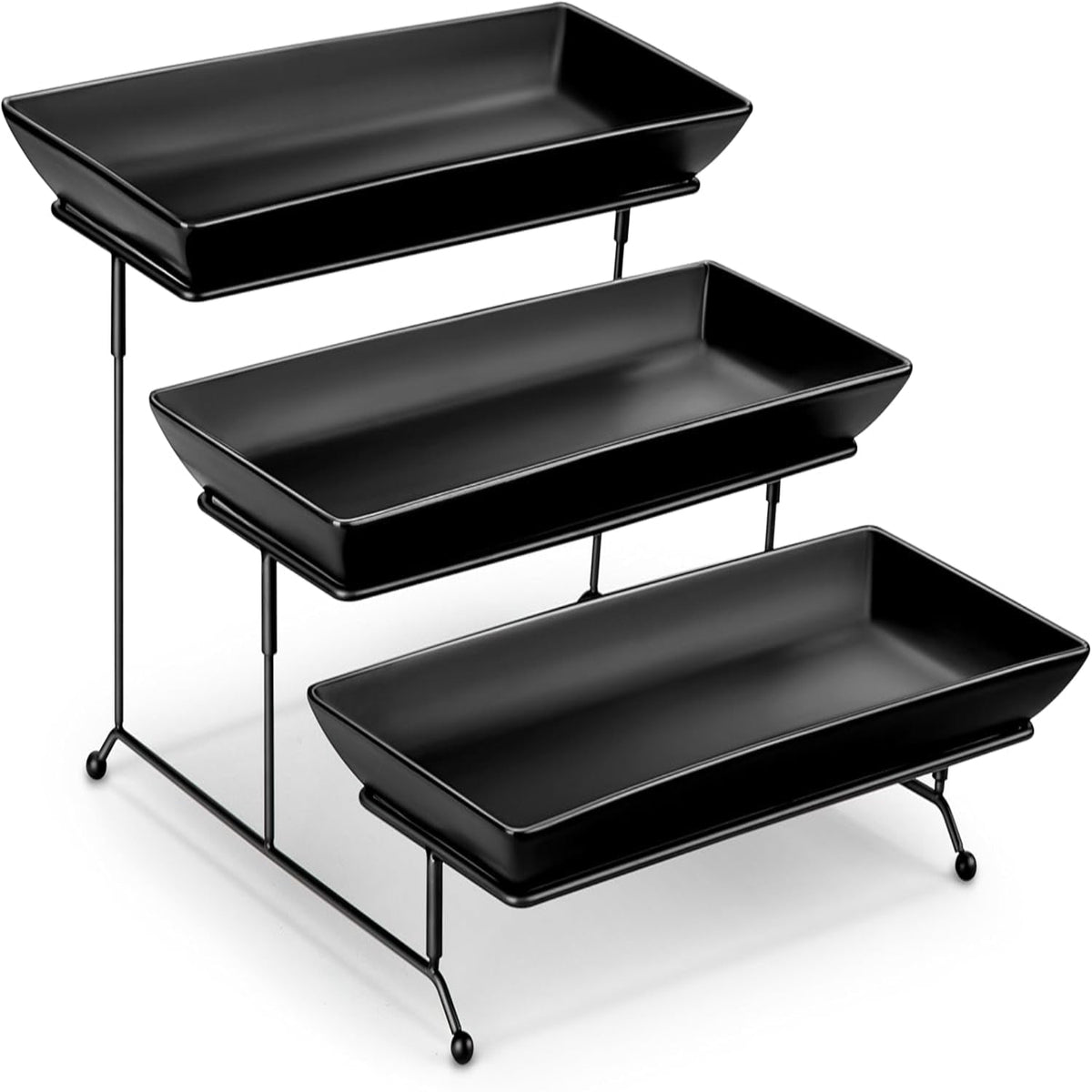 3 Tier Serving Trays for Party, Stoneware Serving Platters and Trays, 14 Inch Tiered Tray Stand, Fruit Tray, Trays for Serving Food, Black Dessert Stand with Collapsible Sturdier Metal Rack