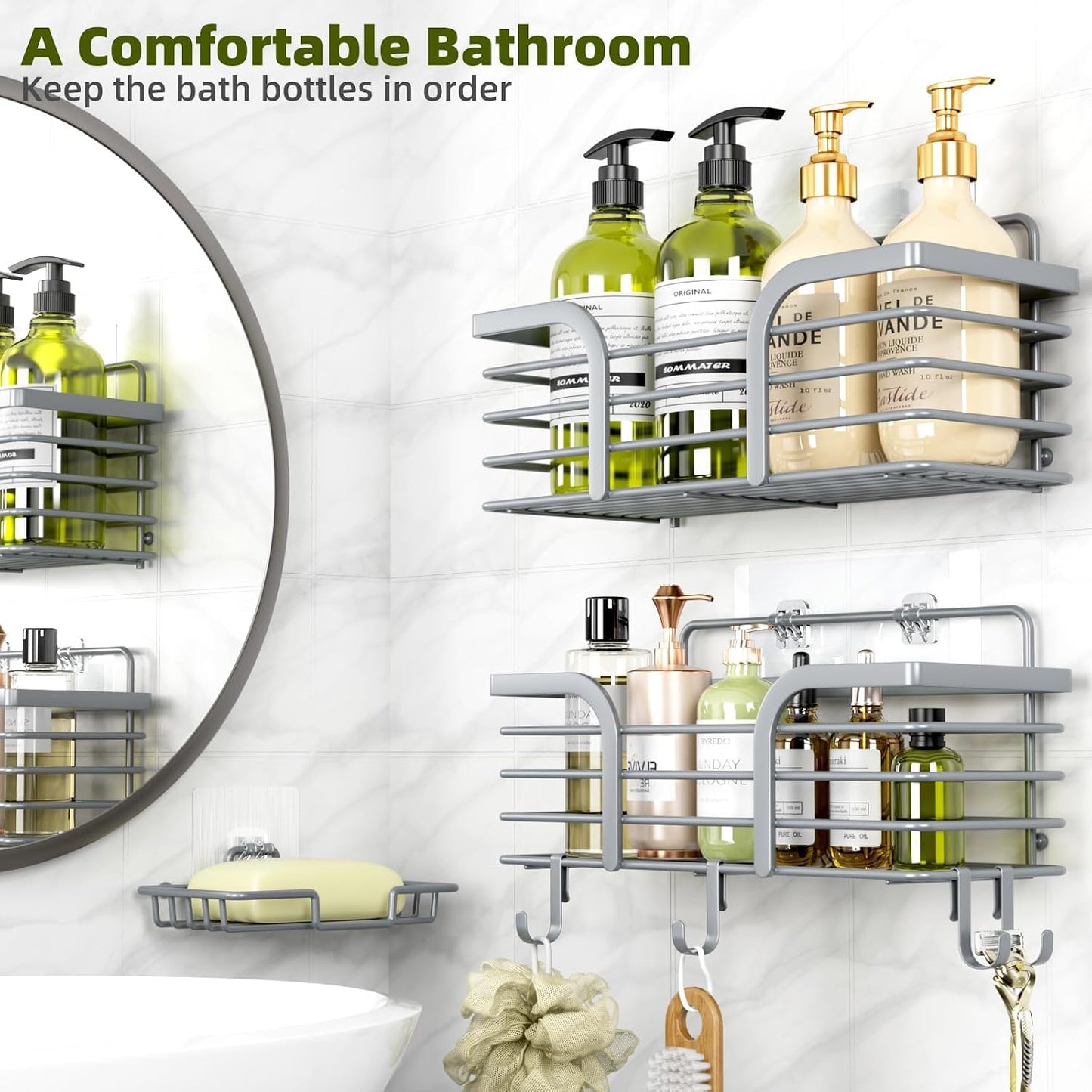 Shower Caddy, Shower Organizer with Soap Holder and Hooks, Rustproof Shower Shelves, No Drilling Bathroom Organizers and Storage, Wall-Mounted Kitchen & Home Decor, Light Grey