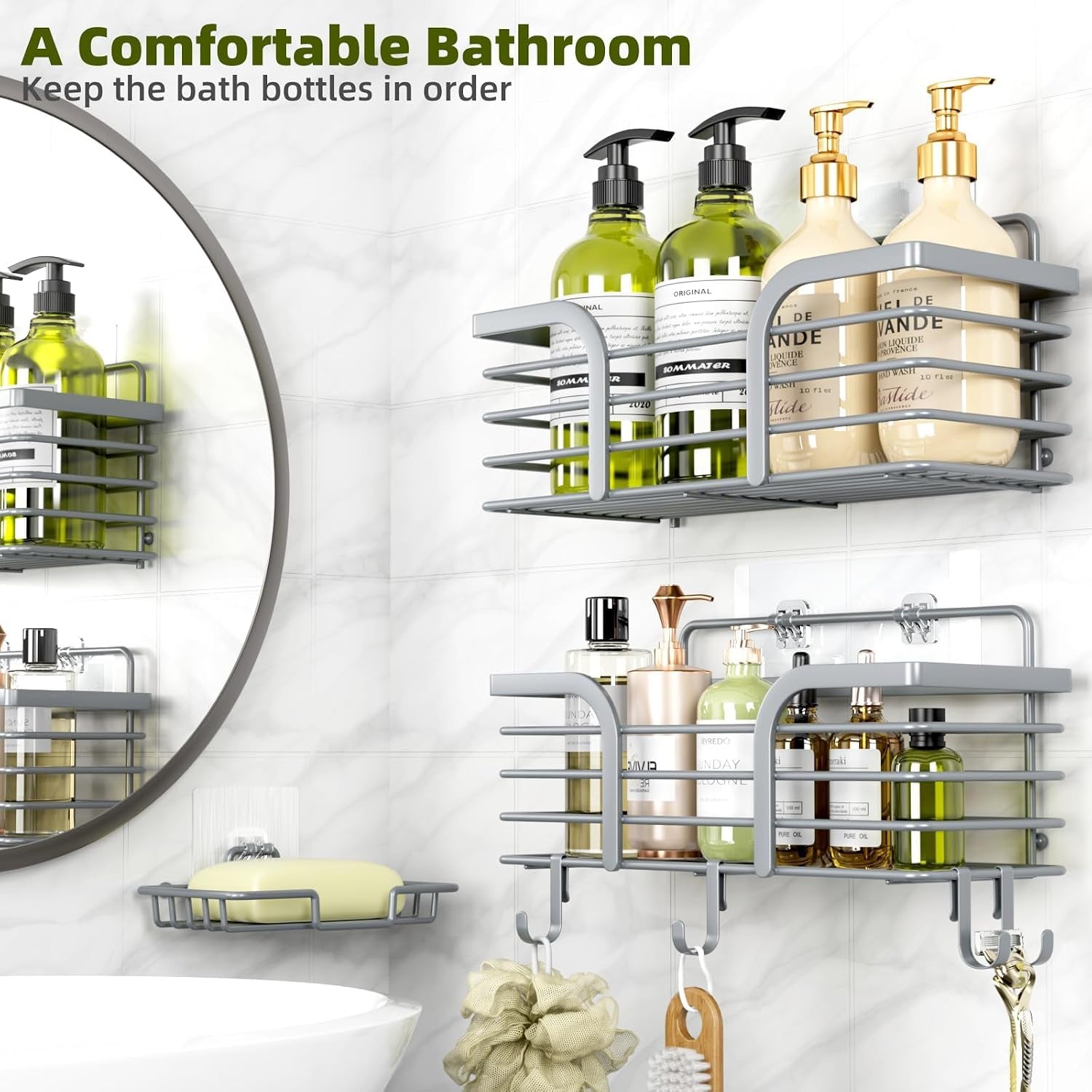 Shower Caddy, Shower Organizer with Soap Holder and Hooks, Rustproof Shower Shelves, No Drilling Bathroom Organizers and Storage, Wall-Mounted Kitchen & Home Decor, Light Grey