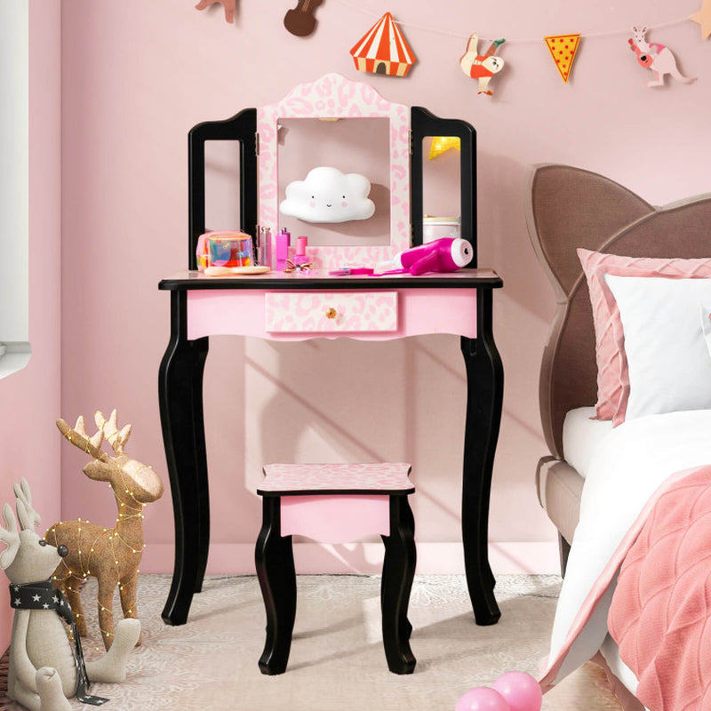 Kid Vanity Set with Tri-Folding Mirror and Leopard Print