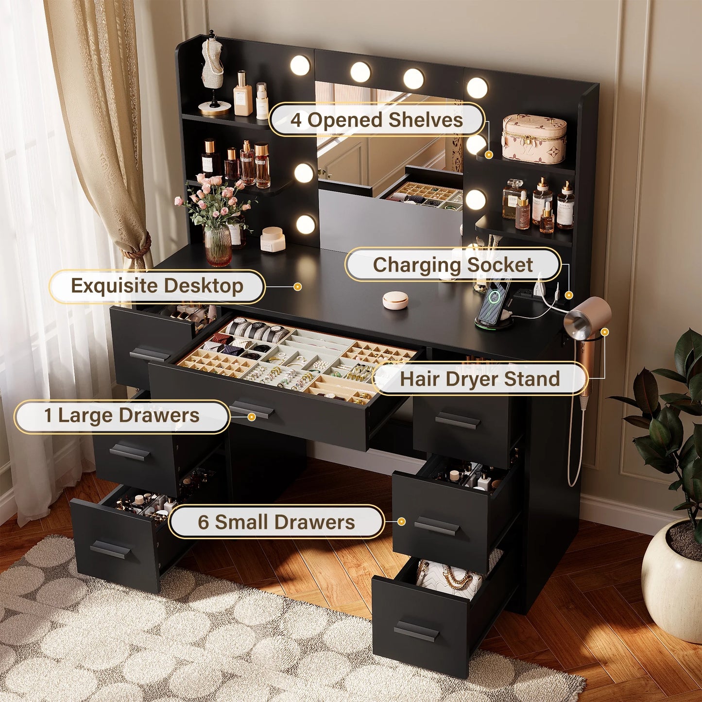 Makeup Vanity with Mirror and Drawers Vanity Desk Set with 3 Modes Adjustable Brightness Lights and USB Power Outlet, Black
