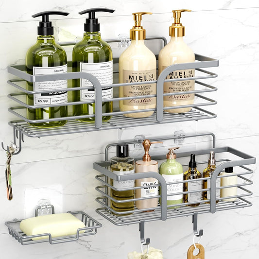 Shower Caddy, Shower Organizer with Soap Holder and Hooks, Rustproof Shower Shelves, No Drilling Bathroom Organizers and Storage, Wall-Mounted Kitchen & Home Decor, Light Grey