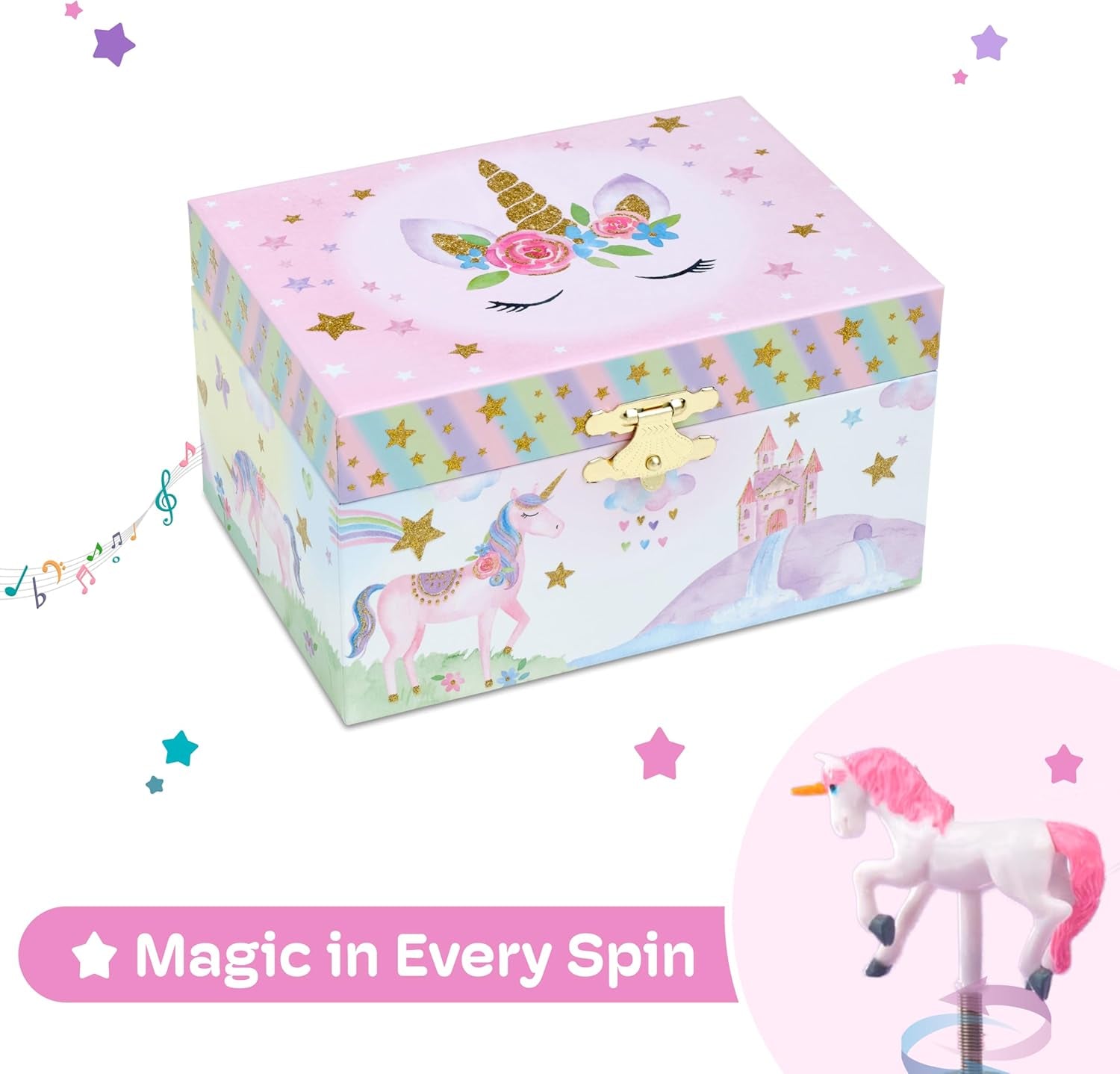 Musical Jewelry Box for Girls with Spinning Unicorn, Glitter Rainbow and Stars Design Music Box for Necklace, Earrings, and Accessories, Plays the Beautiful Dreamer Tune