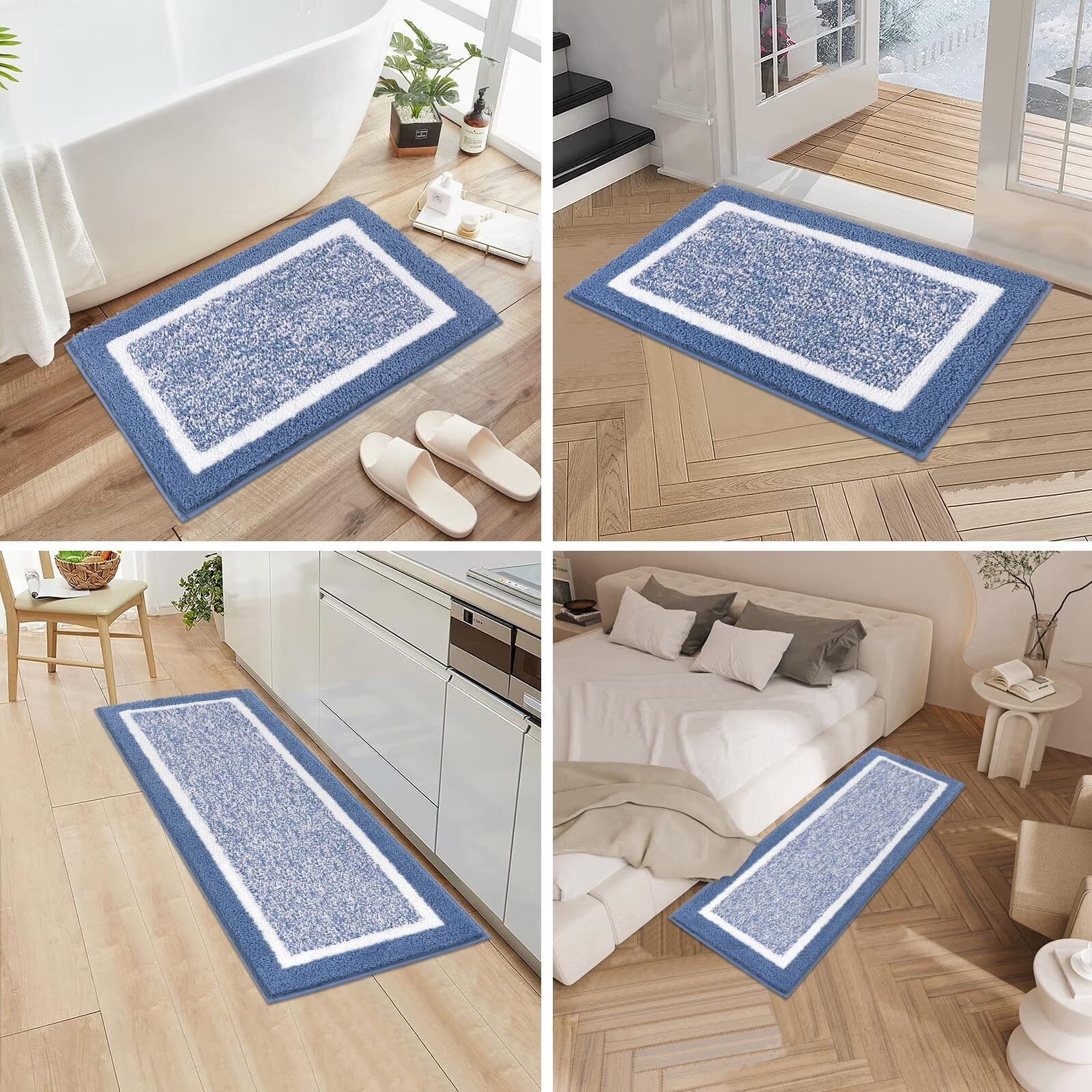 4Pcs Bathroom Rugs Set with U-Shaped Mat, Non Slip, Quick Drying, Ultra Soft and Water Absorbent Bath Rug Mat Carpet Machine Washable 18"X26"+20"X32"+U 20"X24"+19"X21" Blue