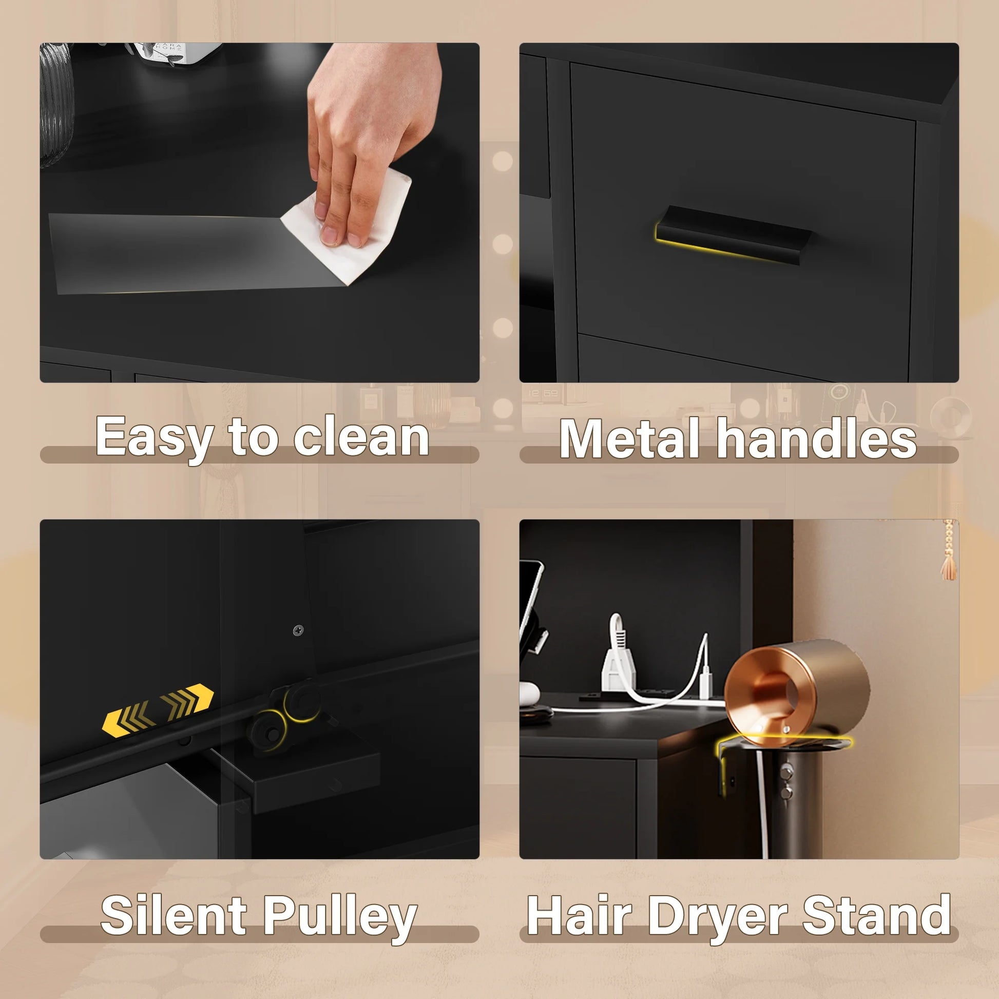 Makeup Vanity with Mirror and Drawers Vanity Desk Set with 3 Modes Adjustable Brightness Lights and USB Power Outlet, Black