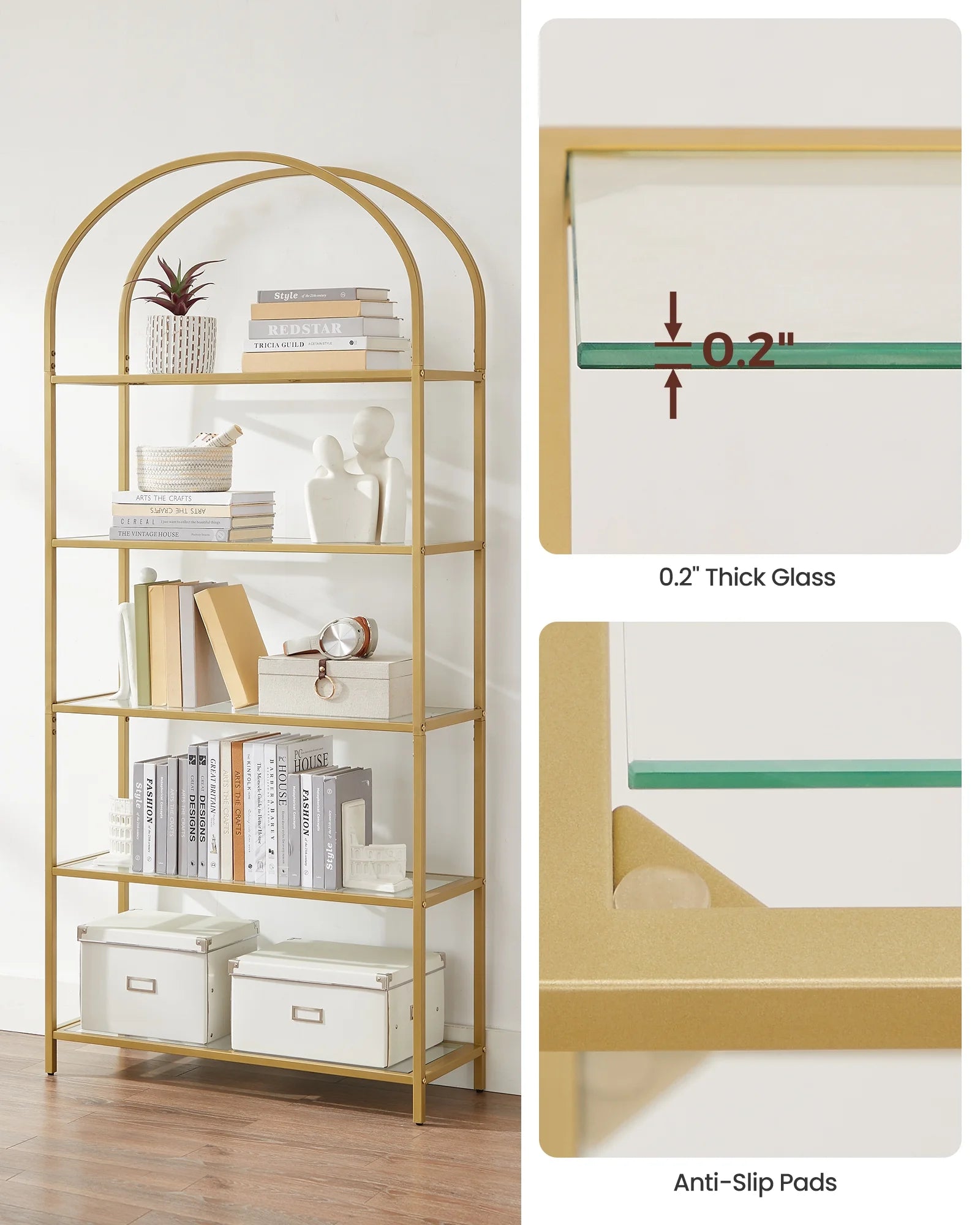 5-Tier Gold Bookshelf Display Storage Shelf Modern Bookcase with Metal Frame for Bedroom Living Room Golden