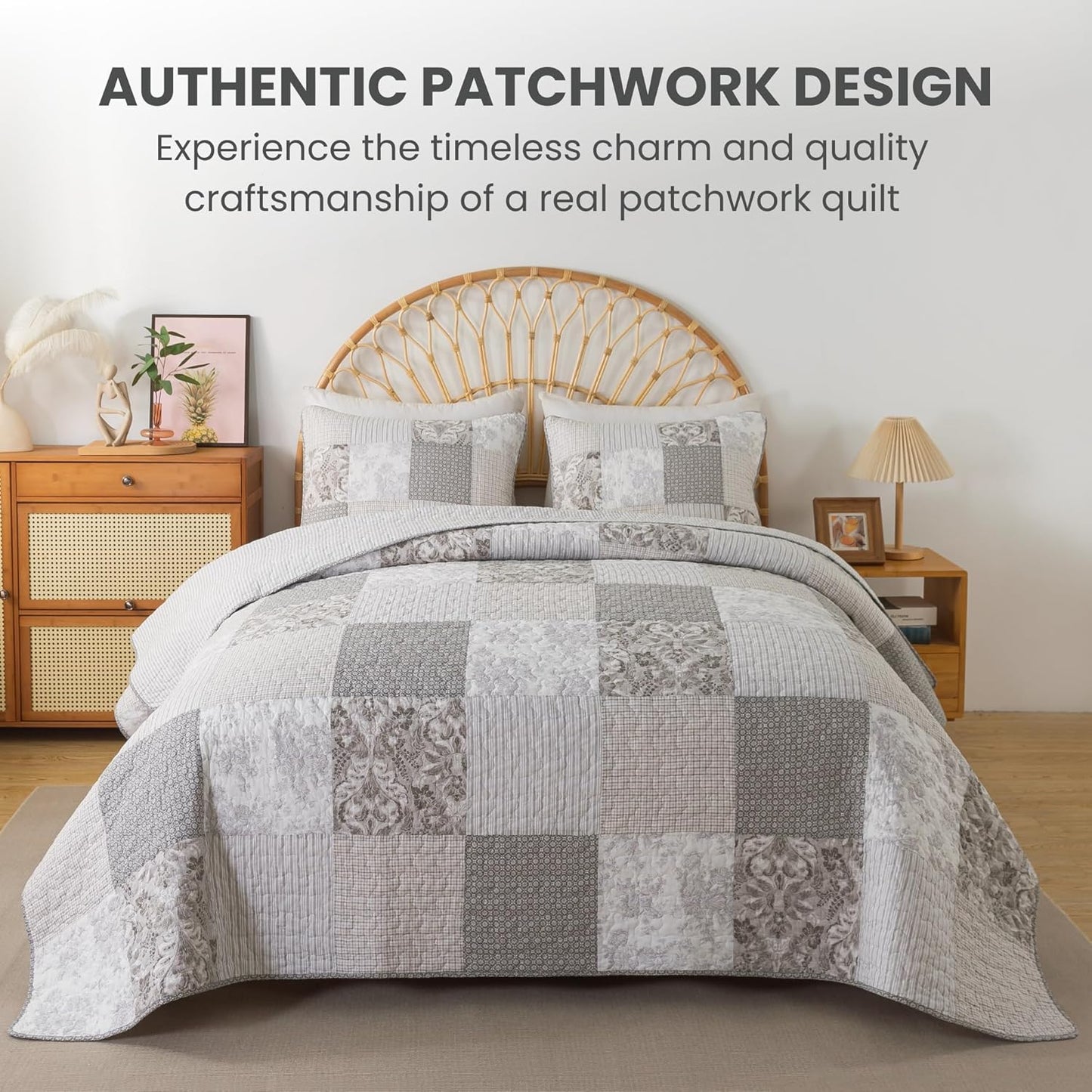 Silver Linings Cotton Quilt Set - Queen Size with 2 Shams, Neutral Pieced Patchwork Design, Country Silver Gray Quilted Comforter, Lightweight Summer Farmhouse Bedspread