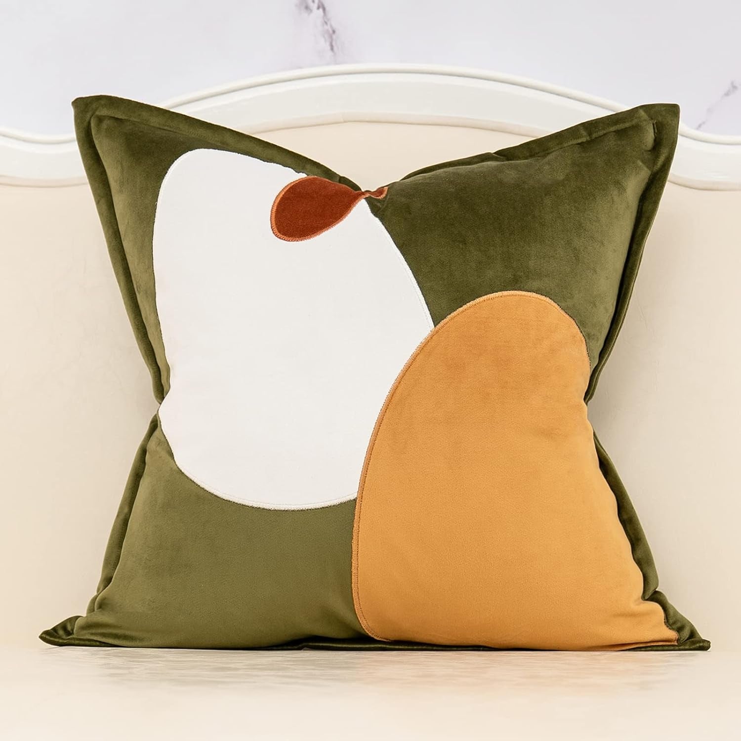 Green Decorative Velvet Throw Pillow Cover with Cloth Texture Patchwork Cushion Case Modern 18X18 Inch Pillowcase for Sofa Couch Bedroom Living Room Home Decor