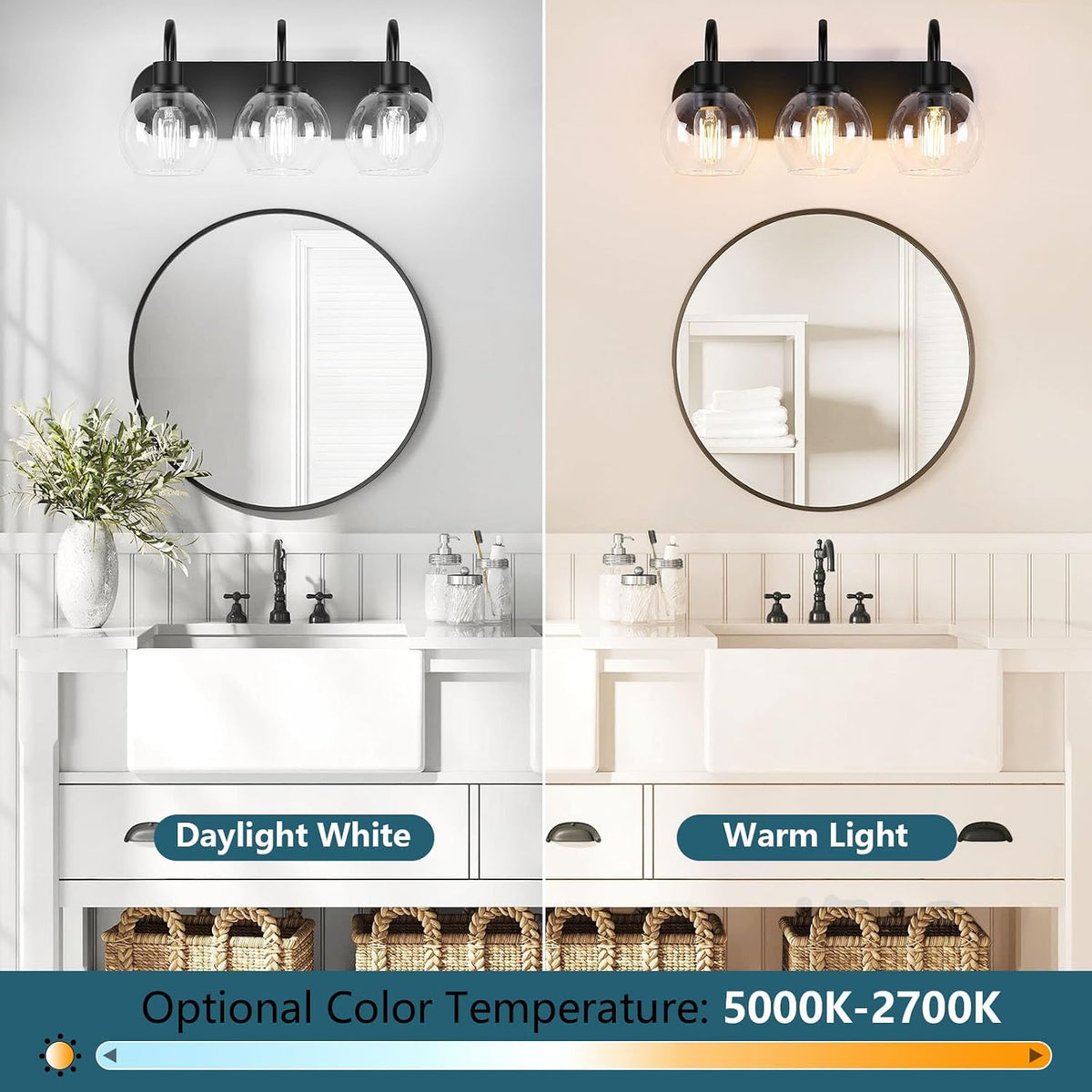 Bathroom Vanity Light,Modern 3-Light Bathroom Lighting Fixtures over Mirror with Clear Glass Shade and Metal Base,Matte Black Bathroom Lighting