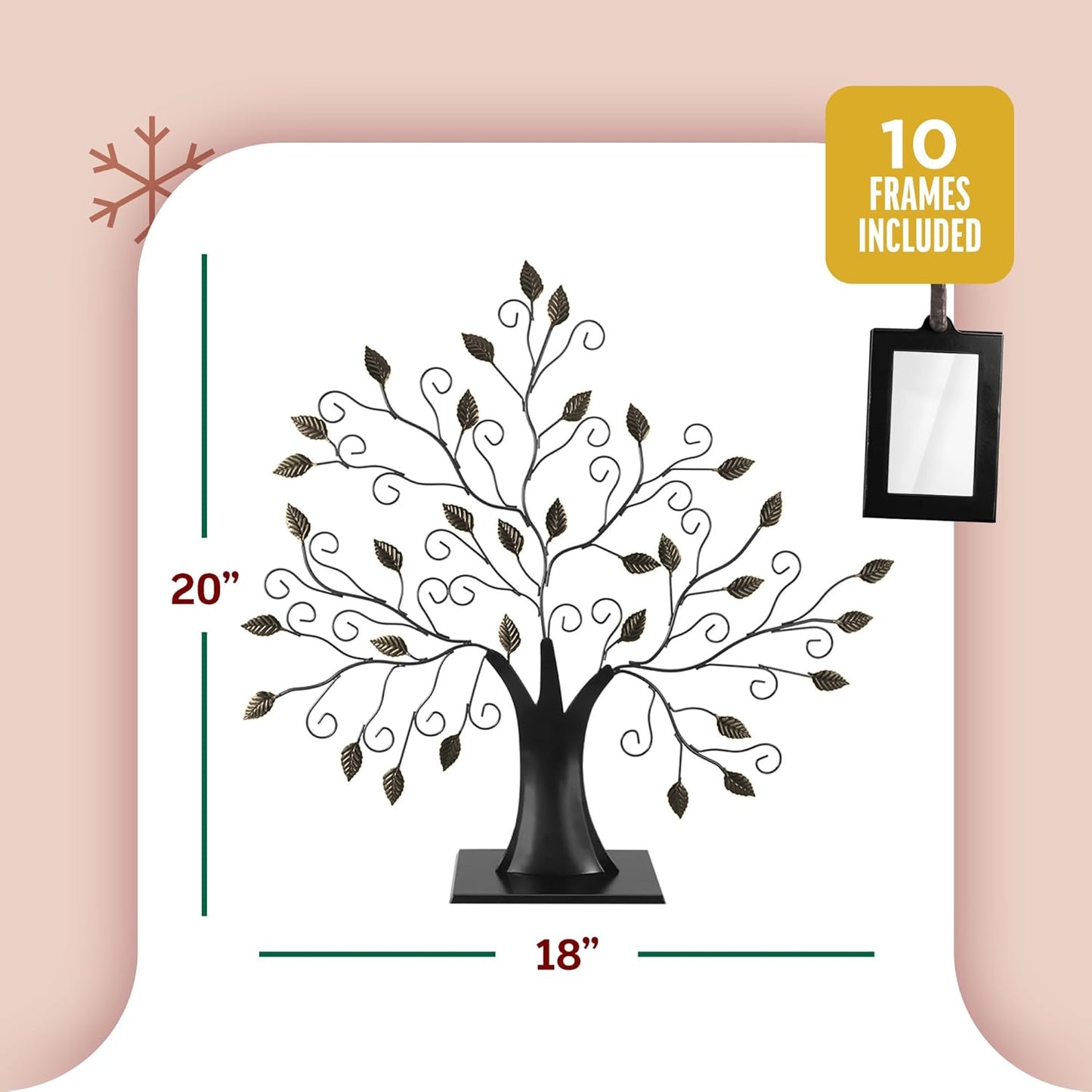 Family Tree Picture Frame Display with 10 Hanging Picture Photo Frames | Large 20 X 18 Metal Tree | 10 Ornamental 2X3 Frames