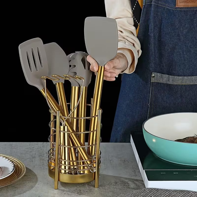 Gold Stainless Steel Cooking Utensil Set w Silicone Heads