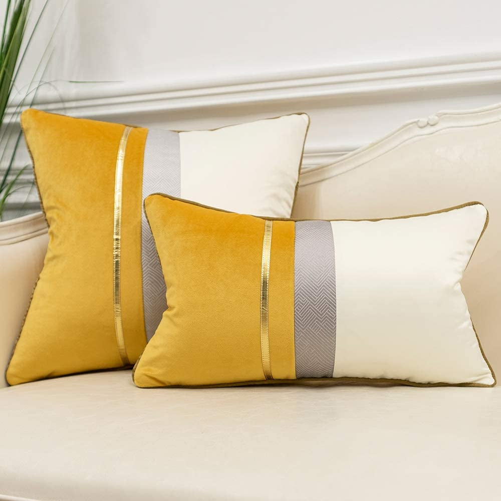 22 X 22 Inches Yellow White Gold Leather Striped Patchwork Velvet Cushion Case Luxury Modern Throw Pillow Cover Decorative Pillow for Couch Living Room Bedroom Car