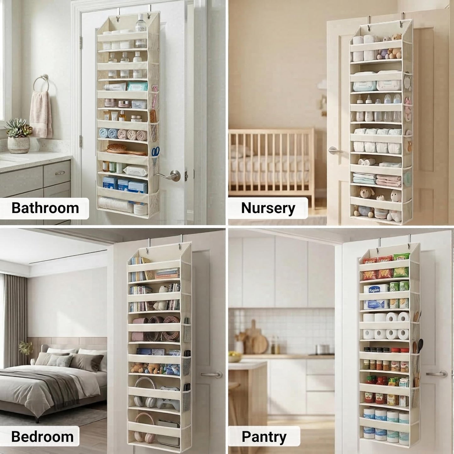 Over the Door Organizer, 6-Tier, 100D Fabric, Ivory 1Pc | over the Door Shoe Organizer, 50 Lbs Capacity, 12 Side Mesh Pockets, 100D Extra Thick Fabric, Closet & Entryway Storage