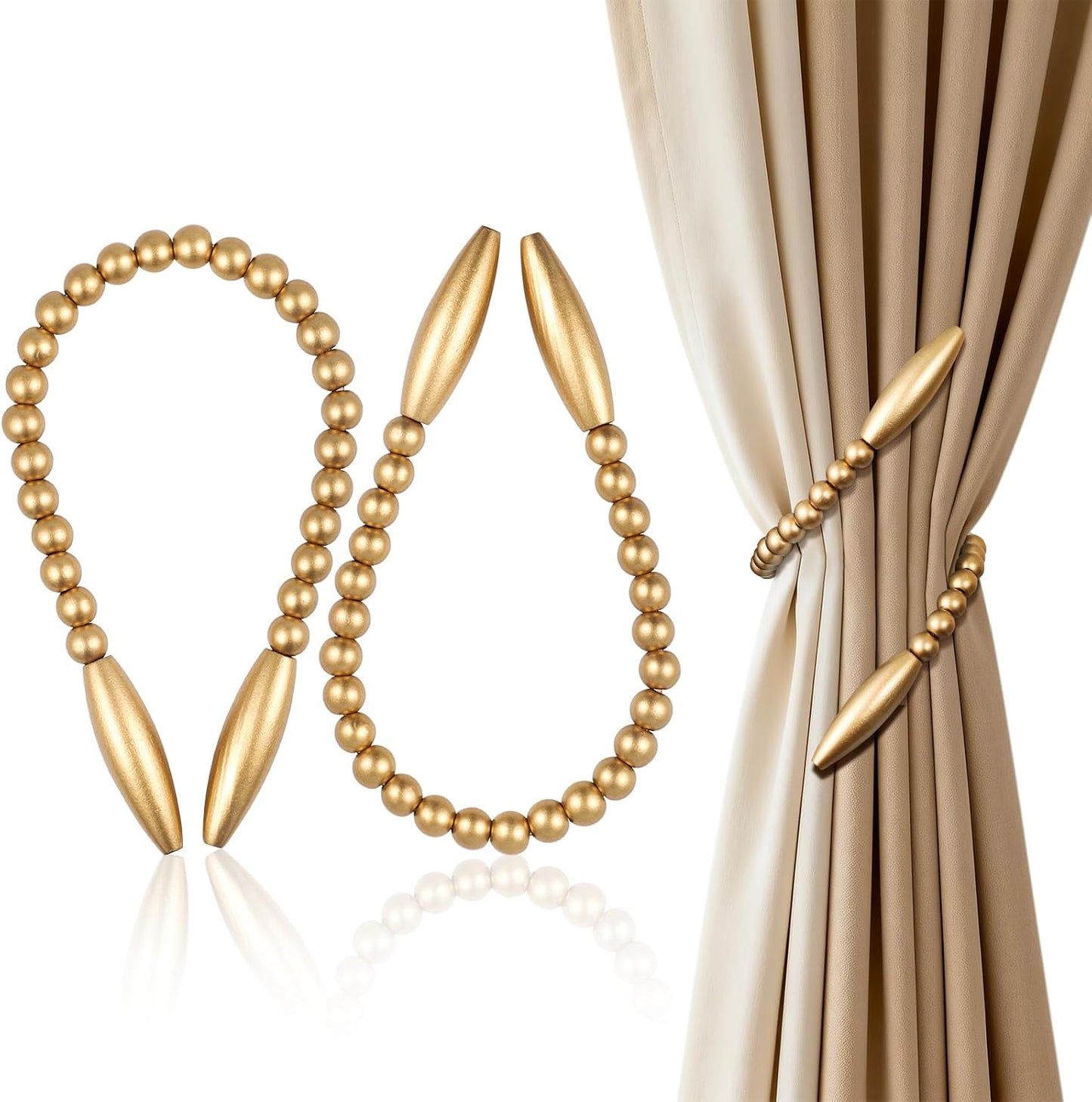 Wood Bead Curtain Tiebacks 2 Pack, No Drill Curtain Holdbacks for Boho Decor, Nursery & Bedroom - Creative Clips & Hooks for Drapes, Farmhouse Window Decor with Twist Design (2, Gold)