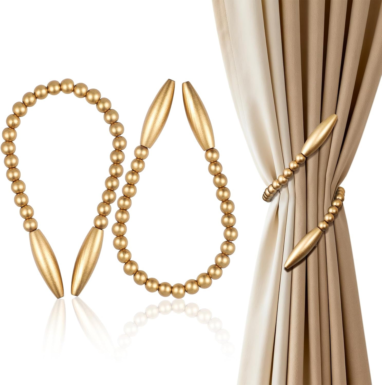 Wood Bead Curtain Tiebacks 2 Pack, No Drill Curtain Holdbacks for Boho Decor, Nursery & Bedroom - Creative Clips & Hooks for Drapes, Farmhouse Window Decor with Twist Design (2, Gold)