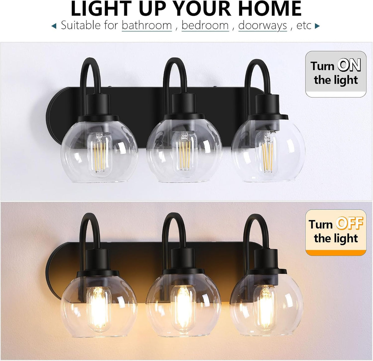 Bathroom Vanity Light,Modern 3-Light Bathroom Lighting Fixtures over Mirror with Clear Glass Shade and Metal Base,Matte Black Bathroom Lighting